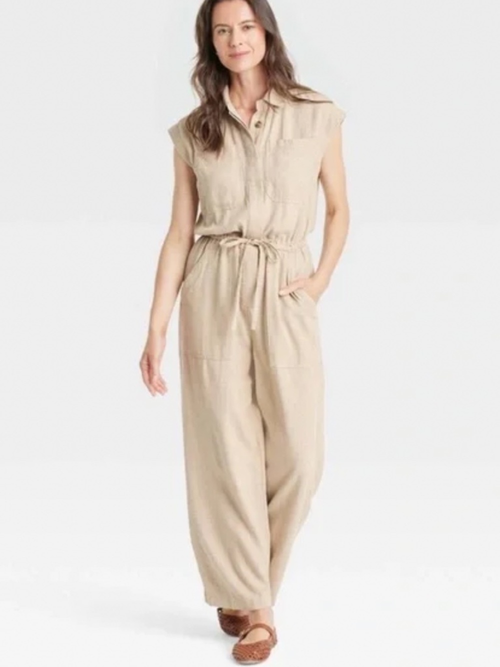 Universal Thread Khaki Sleeveless Collard Wide-Legged Linen Jumpsuit